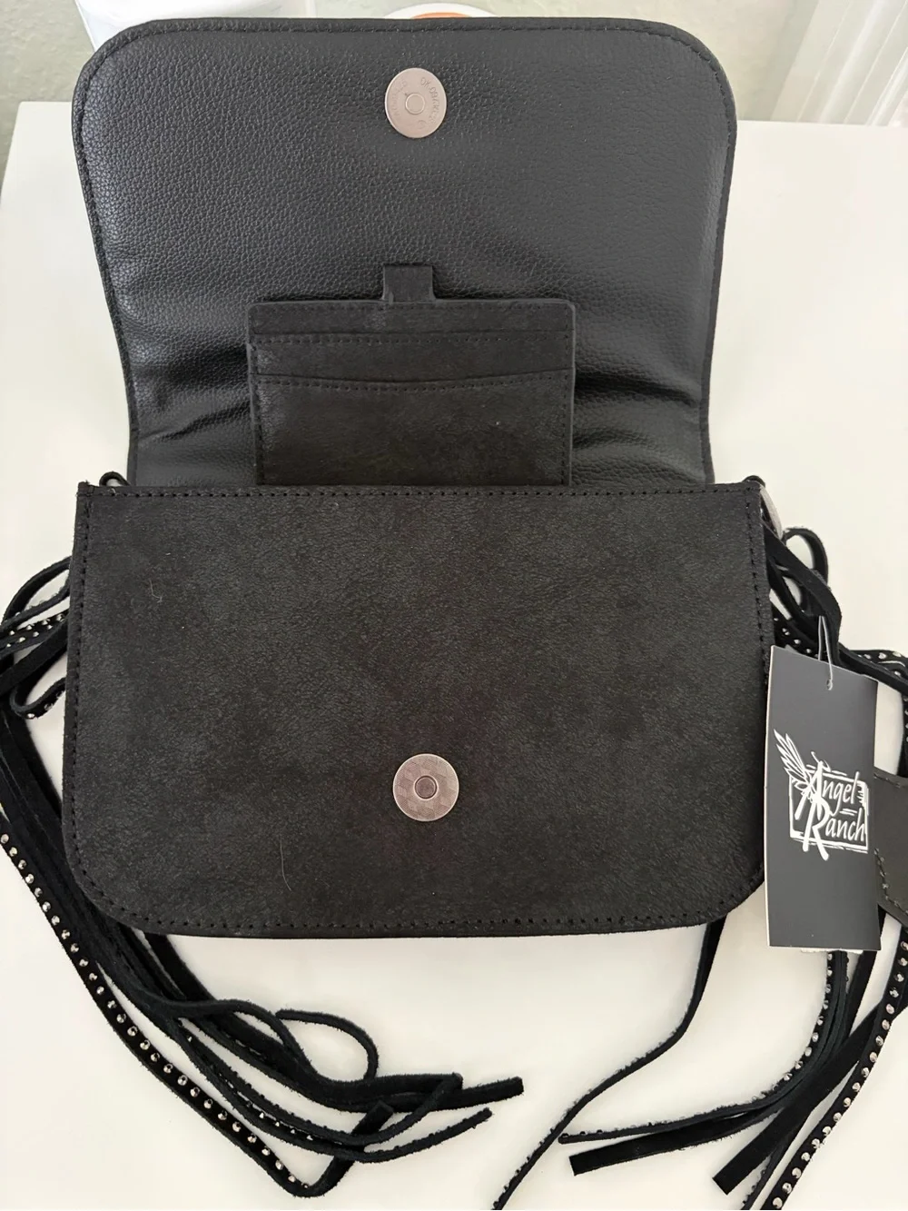 Angel Ranch Black Suede Crossbody with Studded & Braided Accent